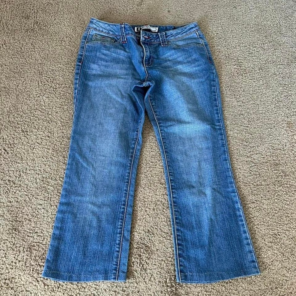 Y2K size 11 Project by Carbon Denim Blue low-rise flare jeans with a 30" inseam